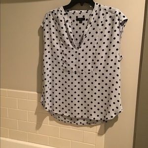J crew blouse, blue grey with navy polka dots